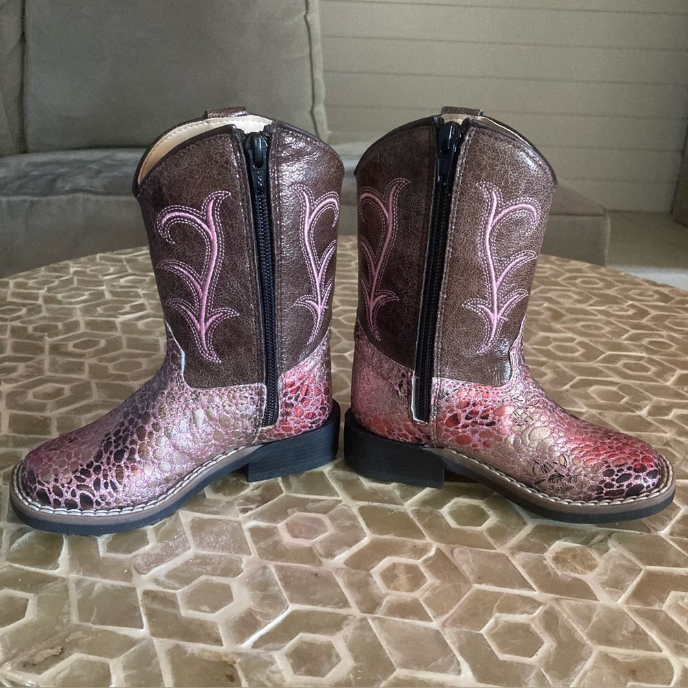 NEW!  Old West toddler square toe cowboy boots in antique pink/brown/crackle - Picture 5 of 9
